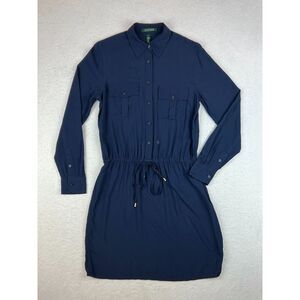 New NWT Womens Lauren Ralph Lauren Navy Blue Long Sleeve‎ Shirt Dress Size 4
